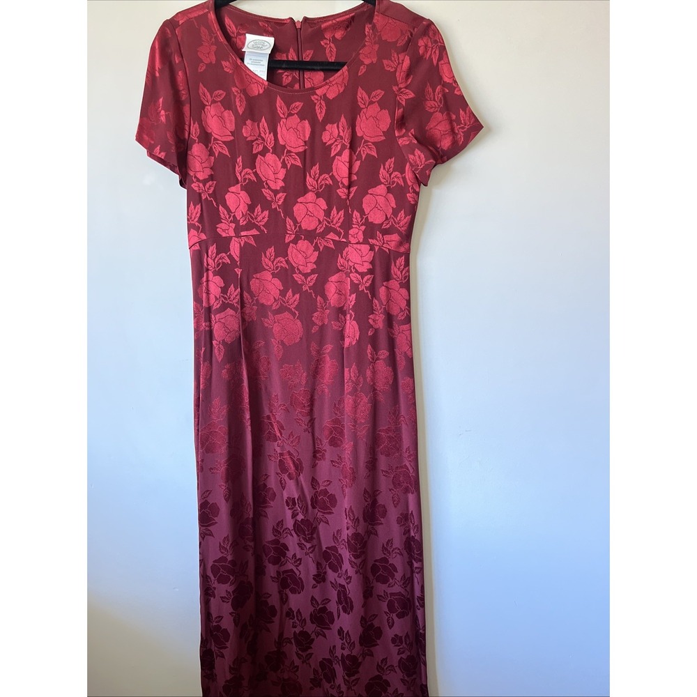 Laura Ashley Vintage Made in UK Crimson Satin Like Floral Midi Dress Size 6
